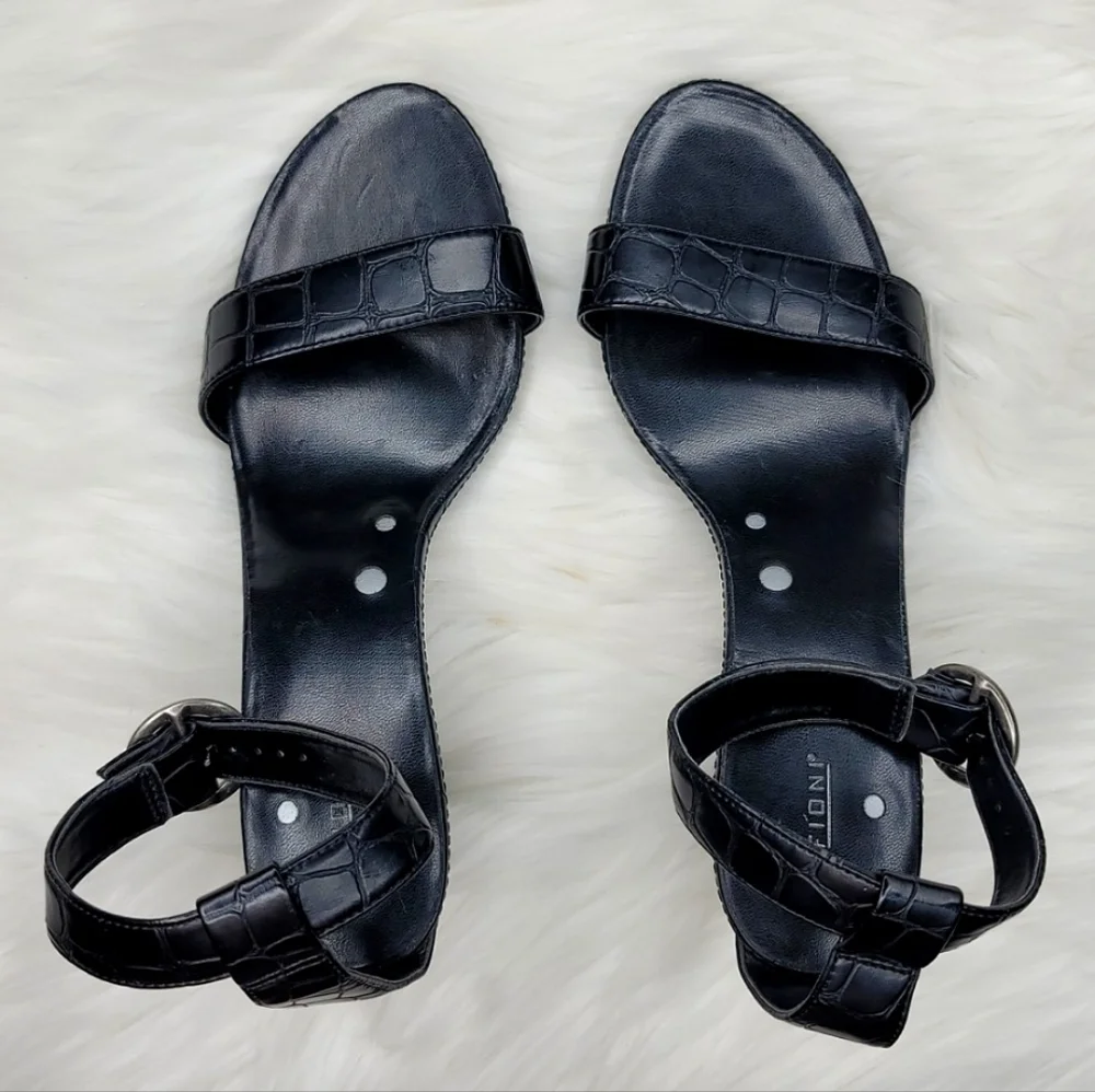 Fioni Strappy Black Leather Crocodile Alligator Print High Heels